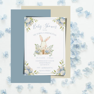 Blue Hydrangea Bunny Rabbit Baby Shower Invitation