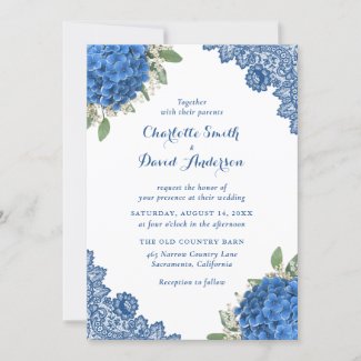 Blue Hydrangea Burlap Lace Wedding Invitations