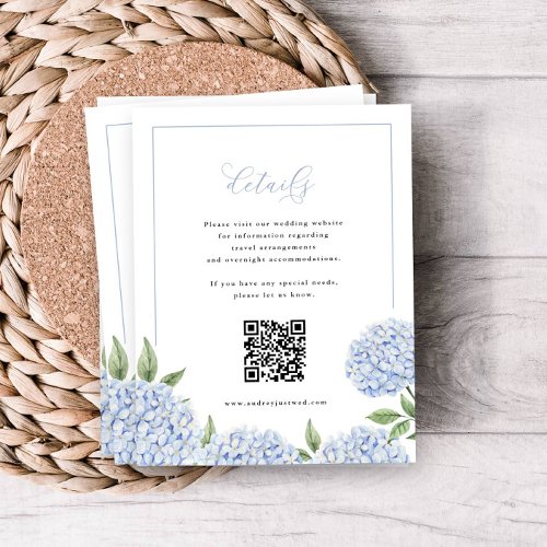 Blue Hydrangea Calligraphy Detail with QR Code Enclosure Card