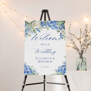 Blue Hydrangea Calligraphy Script Wedding Welcome Foam Board