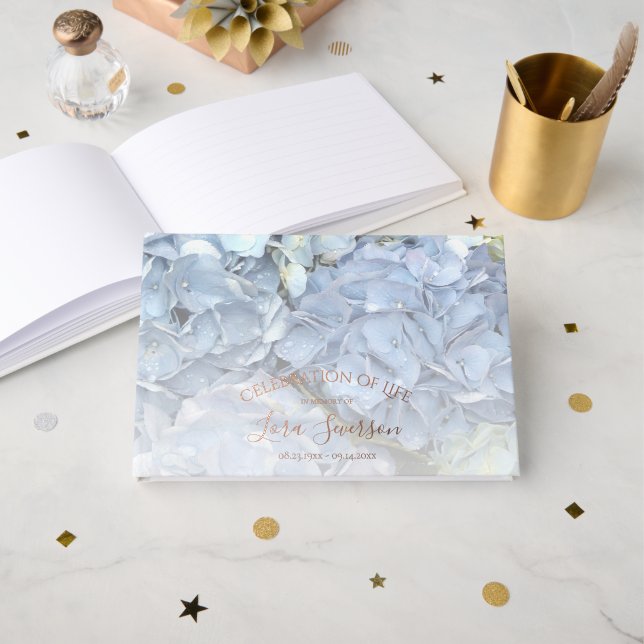 Blue Hydrangea Celebration of Life Memorial Foil Guest Book (Front Open)