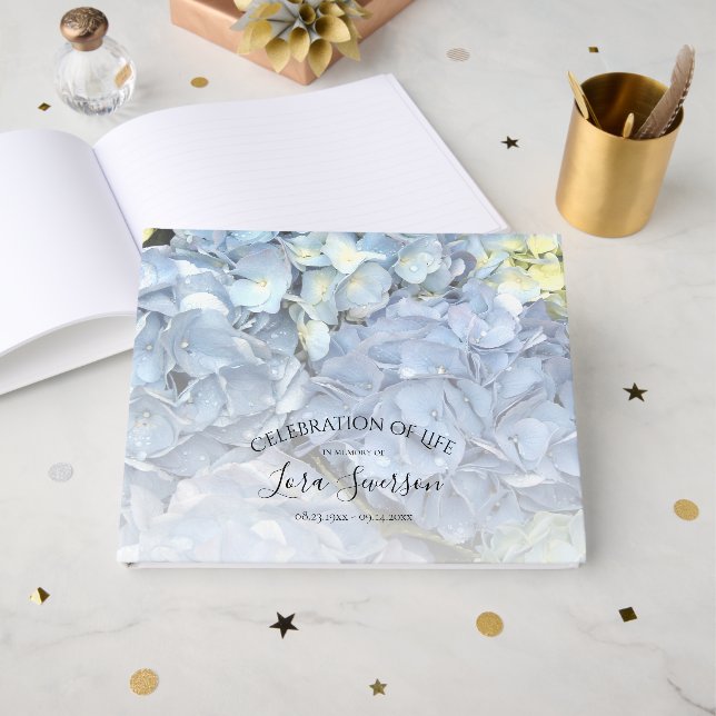 Blue Hydrangea Celebration of Life Memorial Guest Book (Front Open)