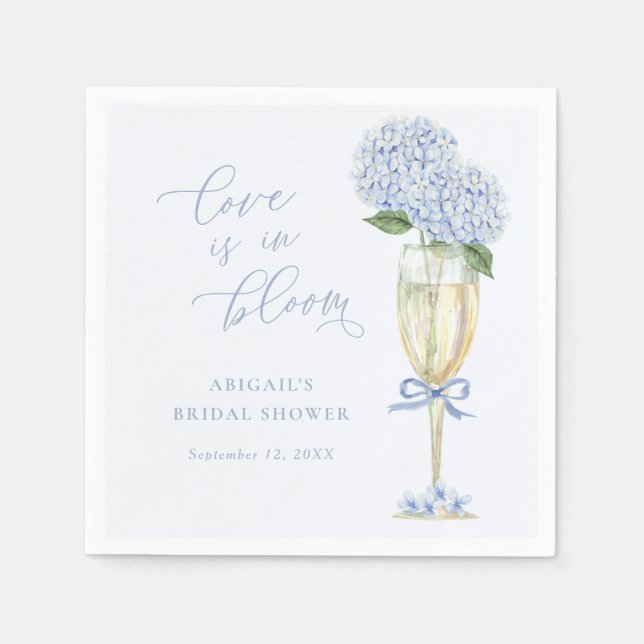 Blue Hydrangea Champagne Glass & Bow Love in Bloom Napkins (Front)