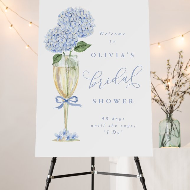 Blue Hydrangea & Champagne Gold Shower Welcome XL Foam Board (In Situ (Stand))