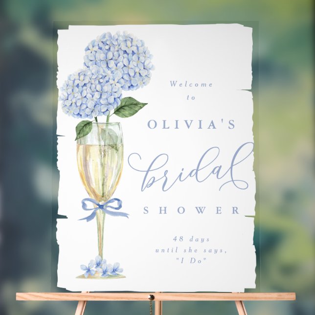 Blue Hydrangea & Champagne Painted Shower Welcome Acrylic Sign (Neutral)