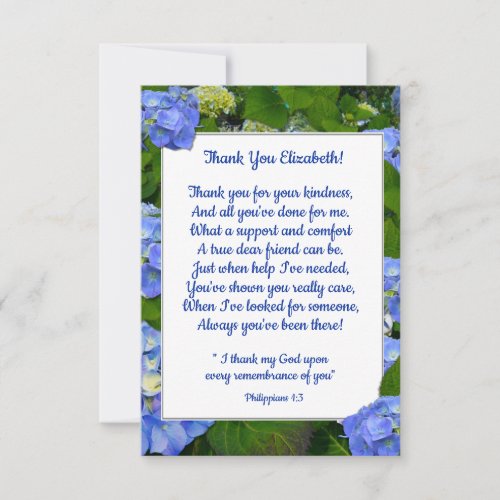 Blue Hydrangea Christian Friend Custom Text Thank You Card