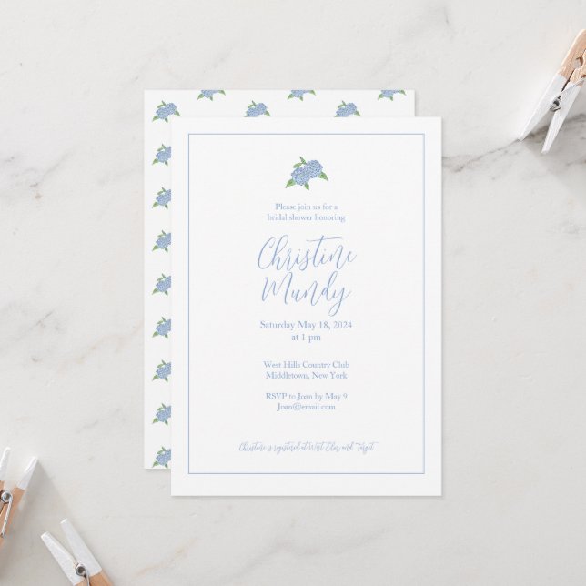 Blue Hydrangea Classic Coastal Bridal Shower Invitation (Front/Back In Situ)
