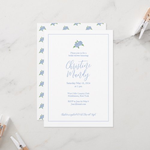 Blue Hydrangea Classic Coastal Bridal Shower Invitation