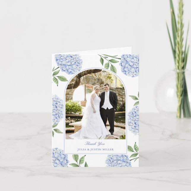 Blue Hydrangea Classic Wedding Photo Thank You Card (Front)