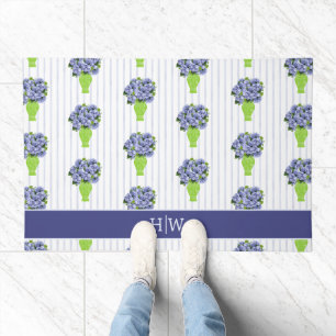 Blue Hydrangea Coastal Floral Vase Monogram Doormat