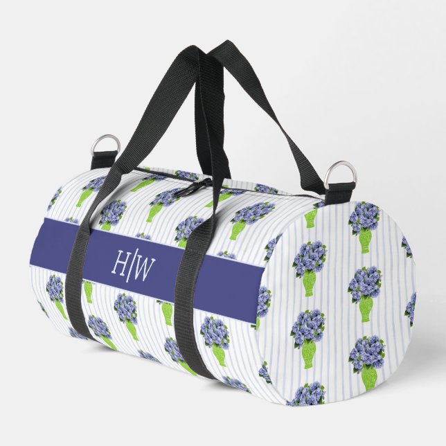 Blue Hydrangea Coastal Floral Vase Monogram Duffle Bag (Left Corner)