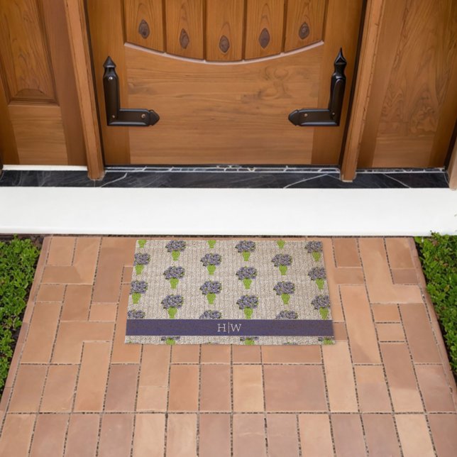 Blue Hydrangea Coastal Floral Vase Monogram Fiber Doormat (Insitu (Outdoor))