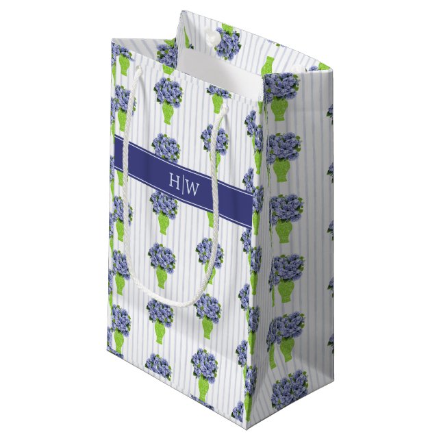 Blue Hydrangea Coastal Floral Vase Monogram Small Gift Bag (Front Angled)