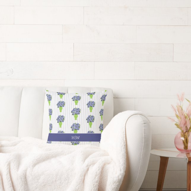 Blue Hydrangea Coastal Green Vase Stripe Monogram  Throw Pillow (Couch)