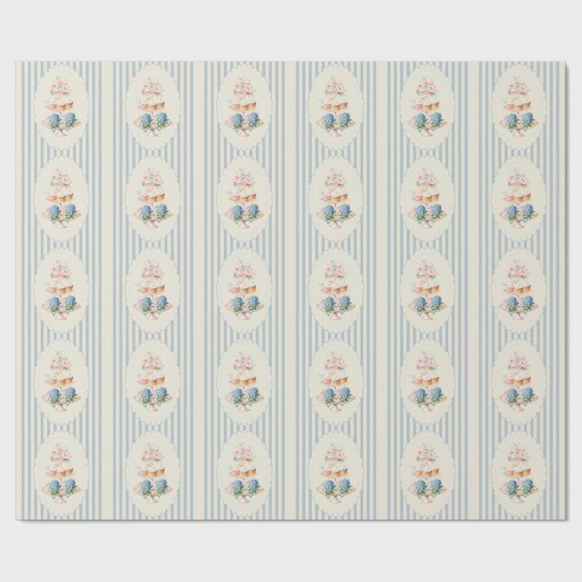 Blue Hydrangea Coastal Striped Bridal Shower Wrapping Paper (Flat)