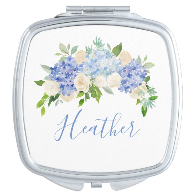 Blue Hydrangea Compact Mirror Bridal Party Gift (Front)