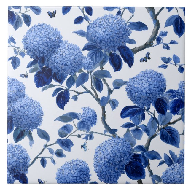 Blue Hydrangea Cottage Garden Floral Ceramic Tile (Front)