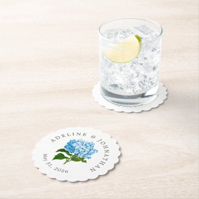 Blue Hydrangea Couples Name and Wedding Date Paper Coaster (Insitu)