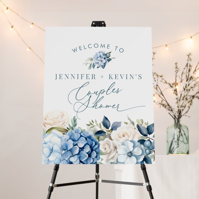 Blue Hydrangea Couples Shower Welcome Sign Poster (In Situ (Stand))