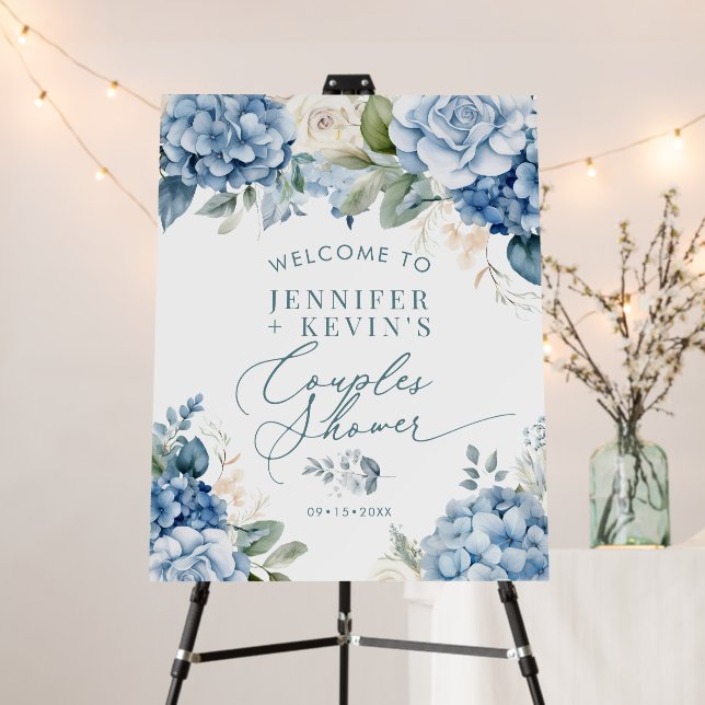 Blue Hydrangea Couples Shower Welcome Sign Poster (In Situ (Stand))