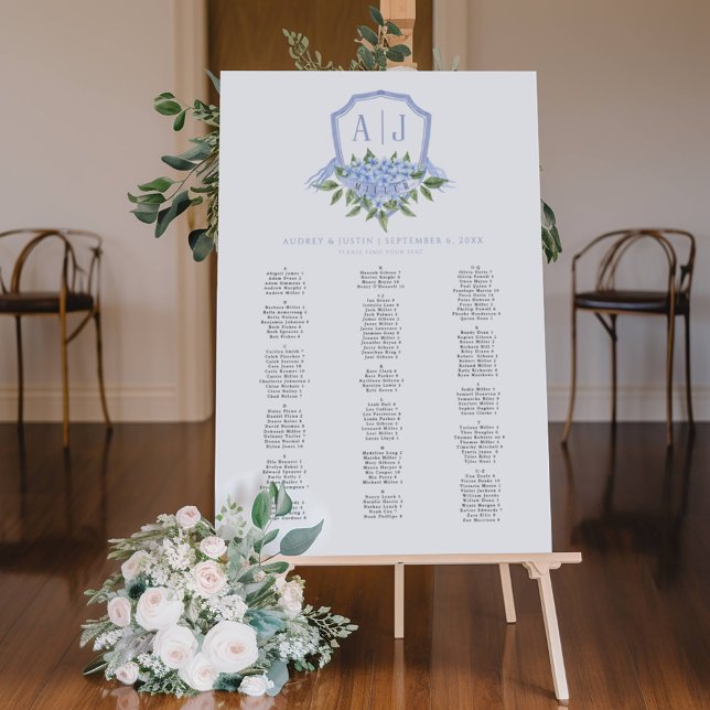 Blue Hydrangea Crest ABC Seating Chart, Large Foam Board (Creator Uploaded)