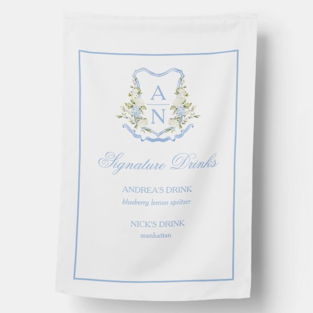 Blue Hydrangea Crest Monogram Bar Sign (Front)