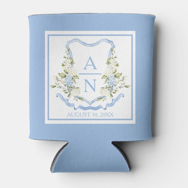 Blue Hydrangea Crest Monogram Can Holder Cooler (Front)