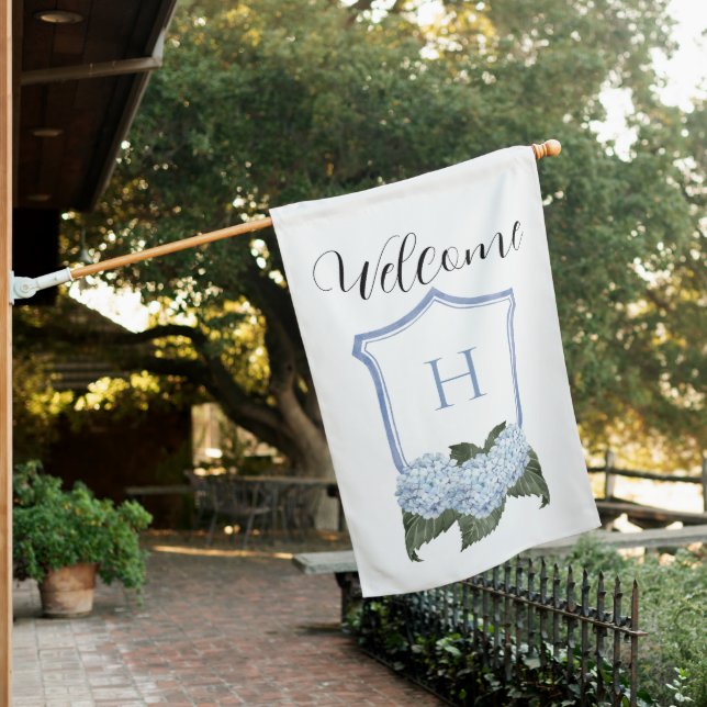 Blue Hydrangea Crest Monogram House Flag (In SItu)