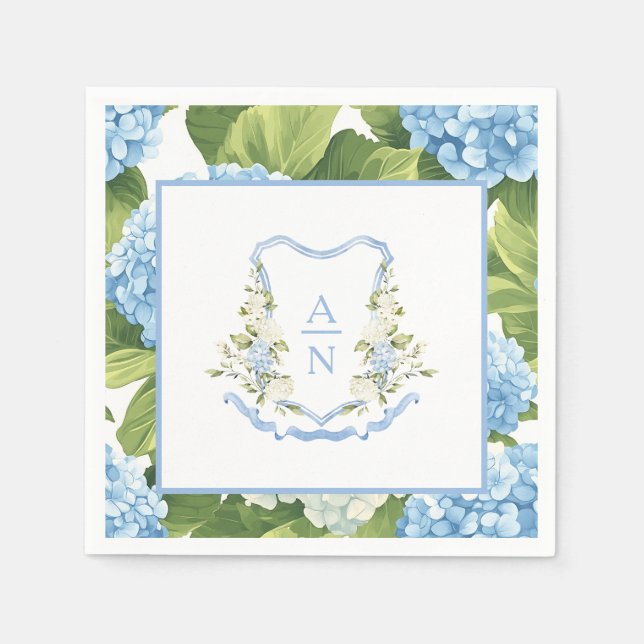Blue Hydrangea Crest Monogram Napkins (Front)