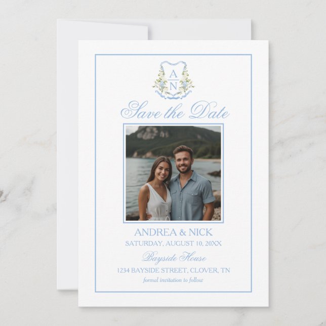 Blue Hydrangea Crest Monogram QR Code Save The Date (Front)