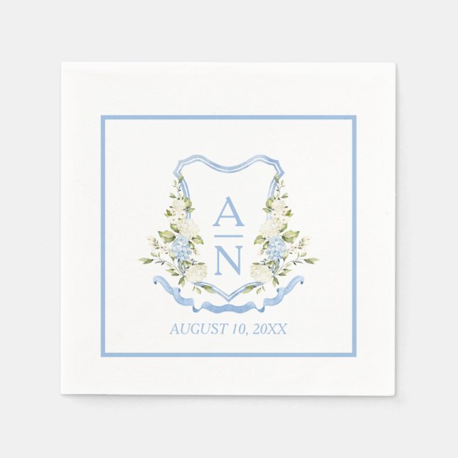 Blue Hydrangea Crest Monogram Simple Napkins (Front)