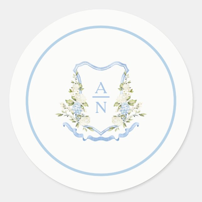 Blue Hydrangea Crest Monogram Stickers Simple (Front)