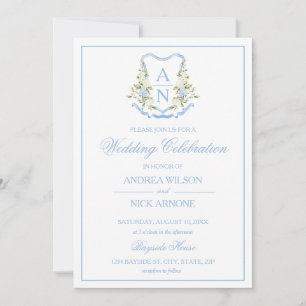 Blue Hydrangea Crest Monogram Wedding Invitation