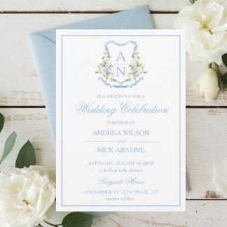 Blue Hydrangea Crest Monogram Wedding Invitation