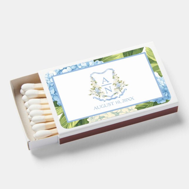 Blue Hydrangea Crest Monogram Wedding Matches (Front Open)