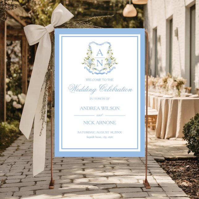 Blue Hydrangea Crest Monogram Wedding Sign (Blue Hydrangea Monogram Crest Welcome Sign)