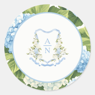 Blue Hydrangea Crest Monogram Wedding Stickers