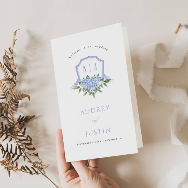 Blue Hydrangea Crest Paper Booklet Wedding Program (Creator Uploaded)
