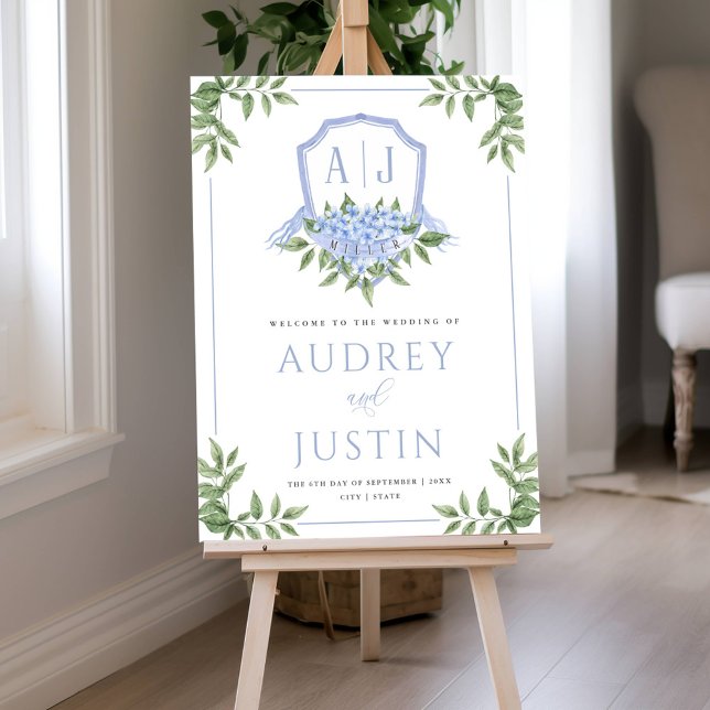 Blue Hydrangea Crest Personalized Welcome Wedding Foam Board (Creator Uploaded)