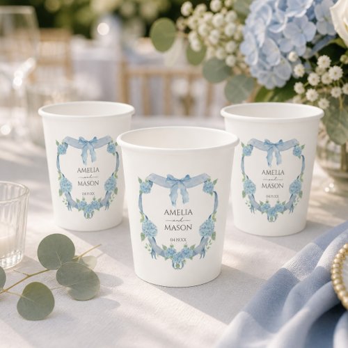 Blue Hydrangea Crest Watercolor Paper Wedding Cups