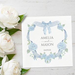 Blue Hydrangea Crest Watercolor Paper Wedding Napkins