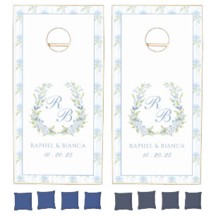 Blue Hydrangea Crest Wedding Cornhole Set