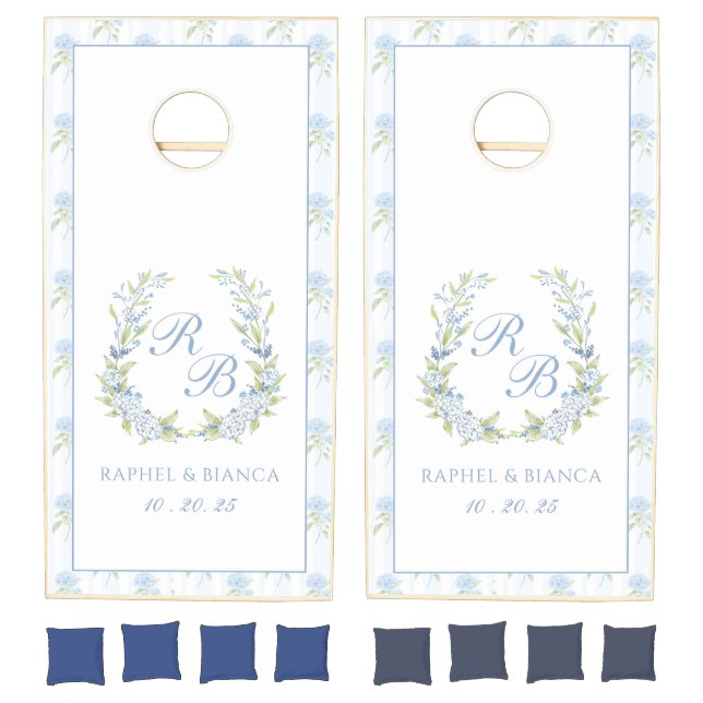 Blue Hydrangea Crest Wedding Cornhole Set (Set)