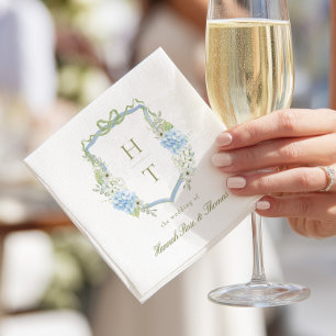 Blue Hydrangea Crest Wedding Monogram Napkins