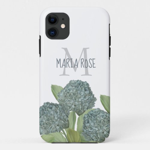 Blue Hydrangea Custom Floral Monogram Chic iPhone 11 Case