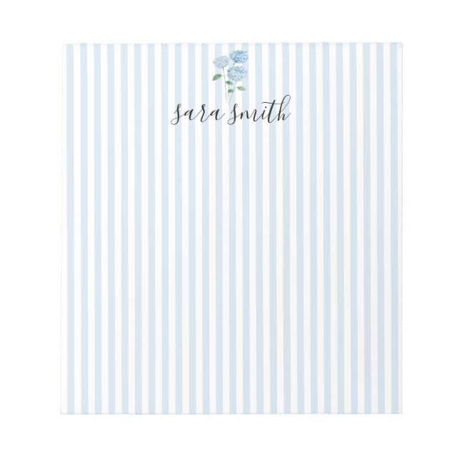 Blue Hydrangea Custom Name Stripe Notepad (Front)
