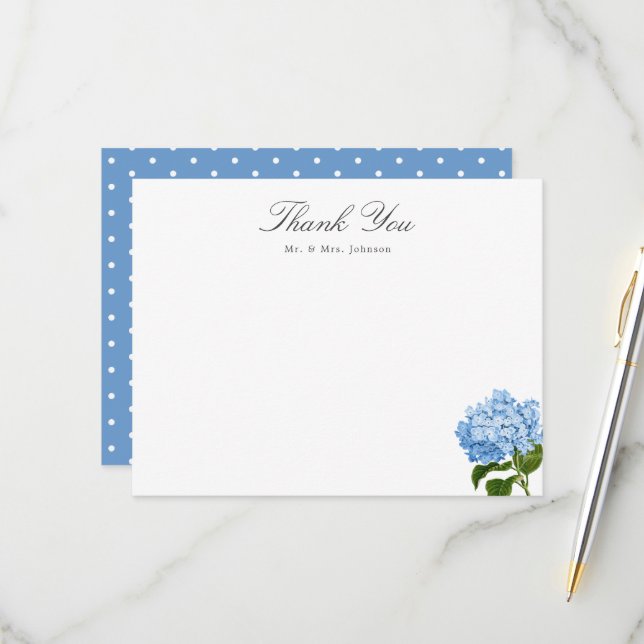 Blue Hydrangea Custom Name Thank You Flat Card (Front/Back In Situ)
