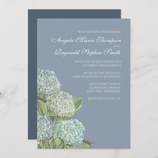Blue Hydrangea/ Dusty Blue Back Wedding Invitation (Front/Back)