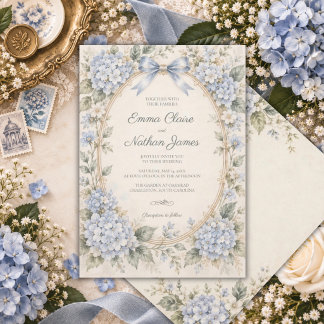 Blue Hydrangea Dusty Blue Vintage Wedding  Invitation