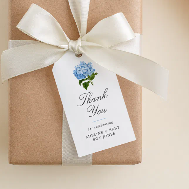 Blue Hydrangea Elegant Baby Shower Thank You Gift Tags | Zazzle